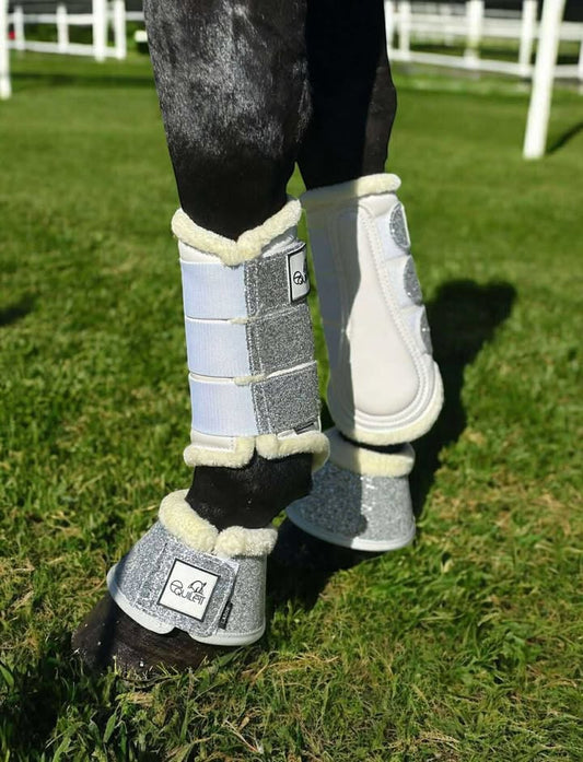 White Patent Tendon Boots with Silver Glitter