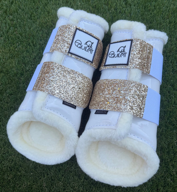 White Patent Brushing Boots with Gold Glitter