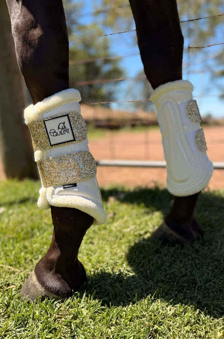 White Patent Brushing Boots with Gold Glitter