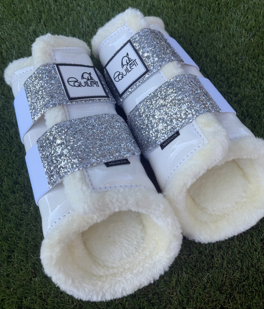 White Patent Brushing Boots with Silver Glitter