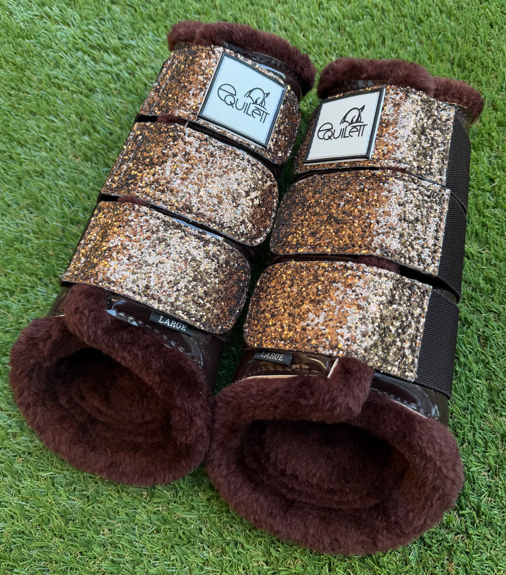 Chocolate Patent Brushing Boots with Gold Copper Glitter