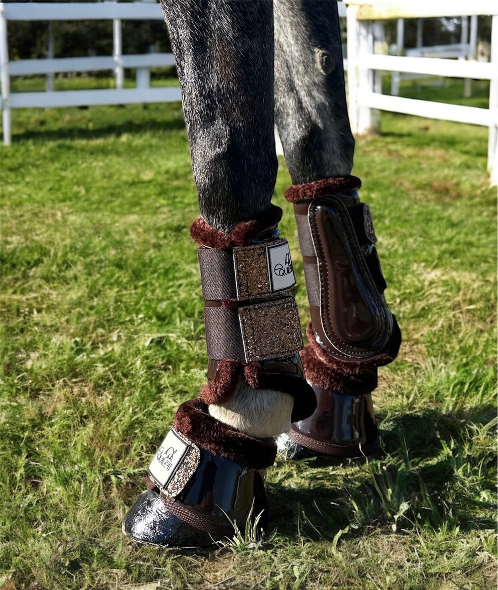 Chocolate Patent Bell Boots with Gold Copper Glitter