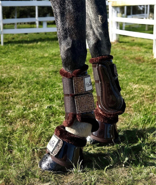Brown Patent Tendon Boots with Gold Copper Glitter