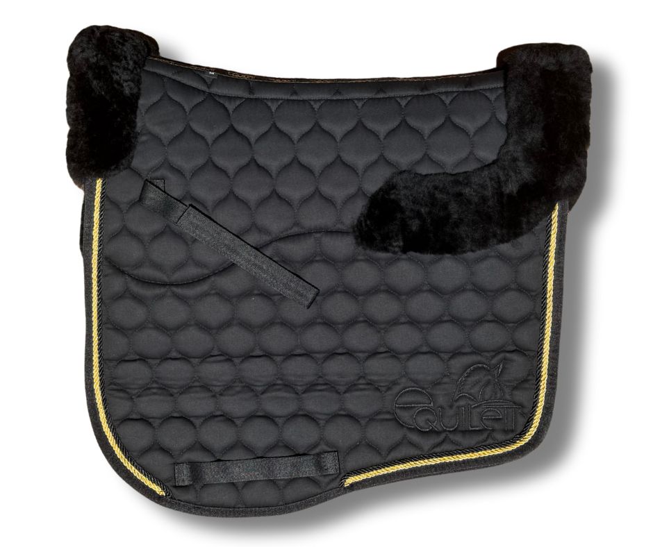 Black with Gold piping Merino Sheepskin Saddle Pad
