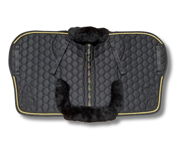 Black with Gold piping Merino Sheepskin Saddle Pad
